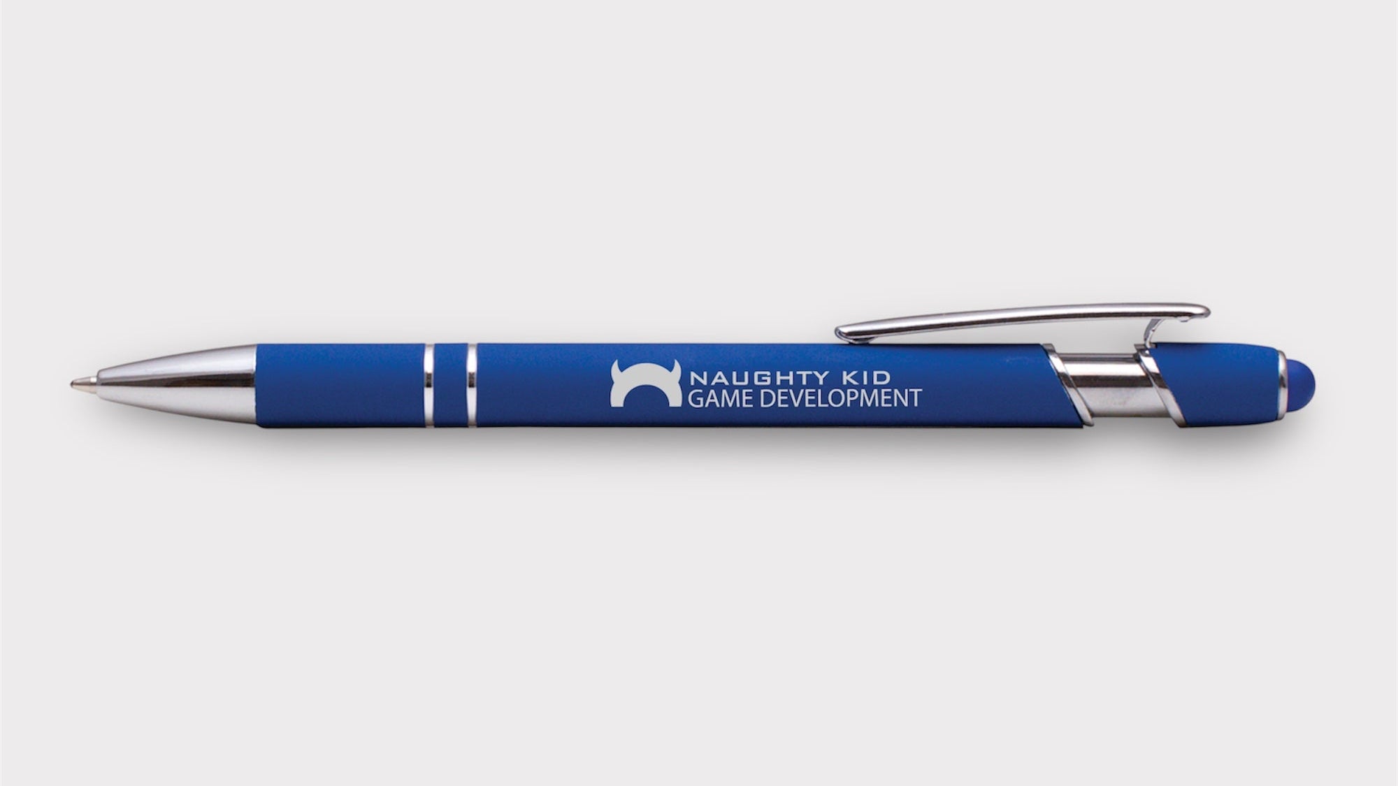 Blue pen with 'Naughty Kid Game Development' branding on a white background