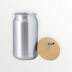 Persopens silver metal soda can tumbler with a bamboo lid and stainless steel straw on a white background.