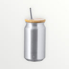 Persopens silver metal soda can tumbler with a bamboo lid and stainless steel straw on a white background.