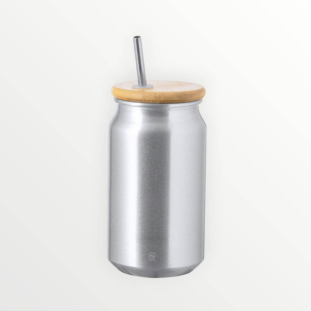 Persopens silver metal soda can tumbler with a bamboo lid and stainless steel straw on a white background.
