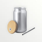 Persopens reusable silver metal soda can tumbler with a bamboo lid and stainless steel straw on a white background.