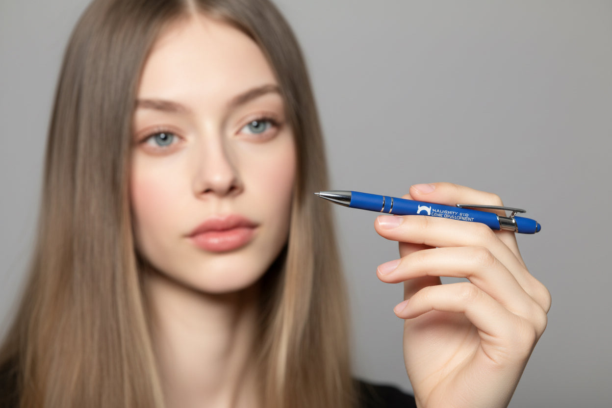 Woman holding a blue logo pen against a gray background